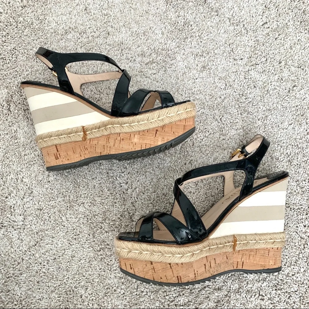 Prada Black Patent Leather Strappy Wedge Sandals